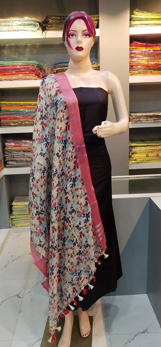 LINEN DUPATTA: Floral Digital Print Linen by Linen Dupatta with Long Tassels | KIHUMS Dupatta