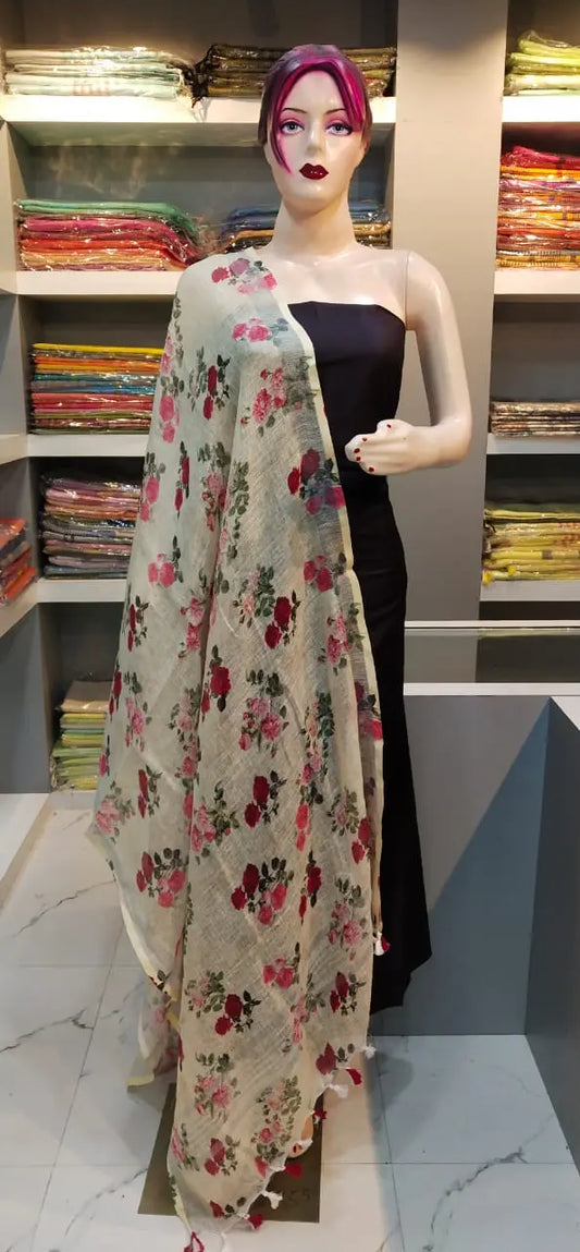 LINEN DUPATTA: Floral Digital Print Linen by Linen Dupatta with Long Tassels | KIHUMS Dupatta