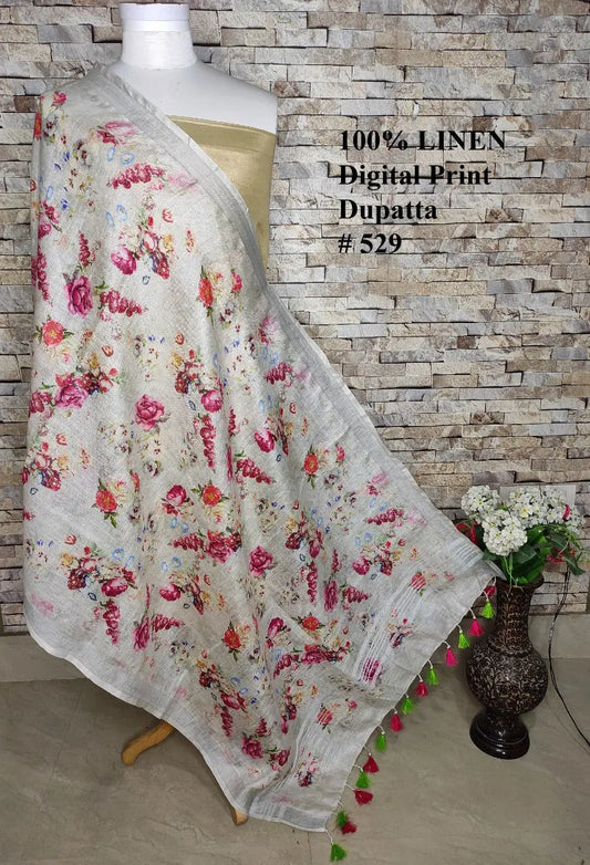 LINEN DUPATTA: Floral Digital Print Linen by Linen Dupatta with Long Tassels | KIHUMS Dupatta