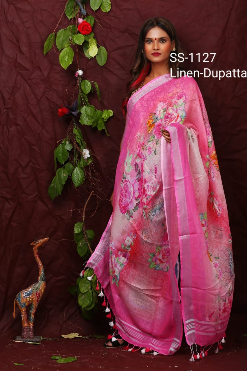 DUPATTA: Floral Digital Print Linen by Linen Dupatta with Long Tassels | KIHUMS Dupatta