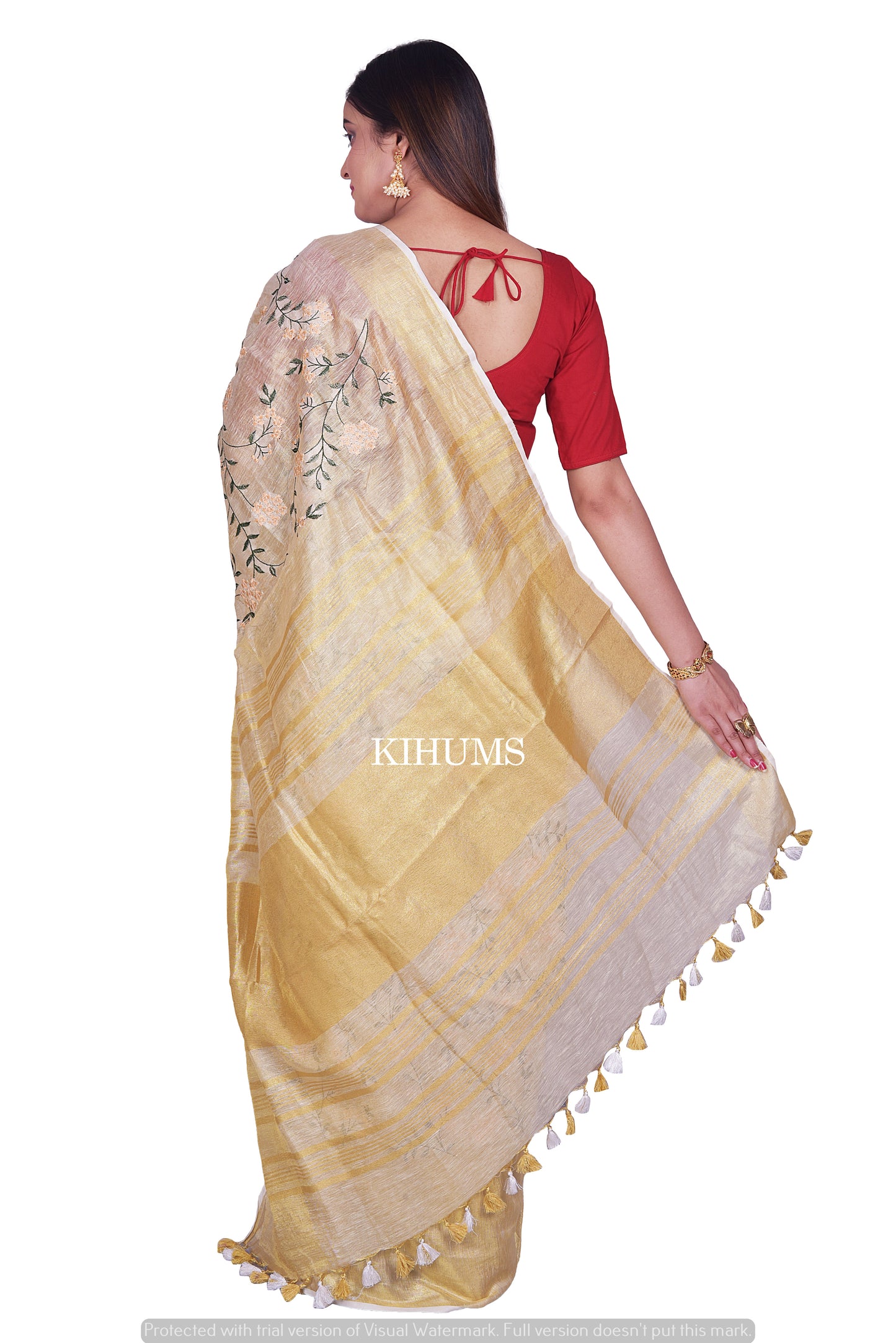 Light Gold Shade Handwoven Linen Saree with Embroidery Work | Gold Zari Border | KIHUMS Saree